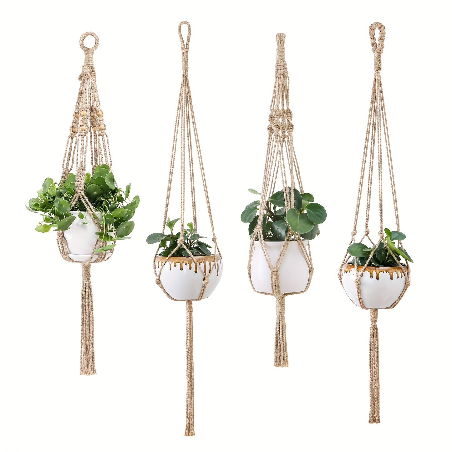 4 Stück Makramee-Pflanzenaufhänger – Handgefertigter Blumentopfhalter Aus Weißem Seil – Perfekt Für Die Gartendekoration Im Innen- Und Außenbereich