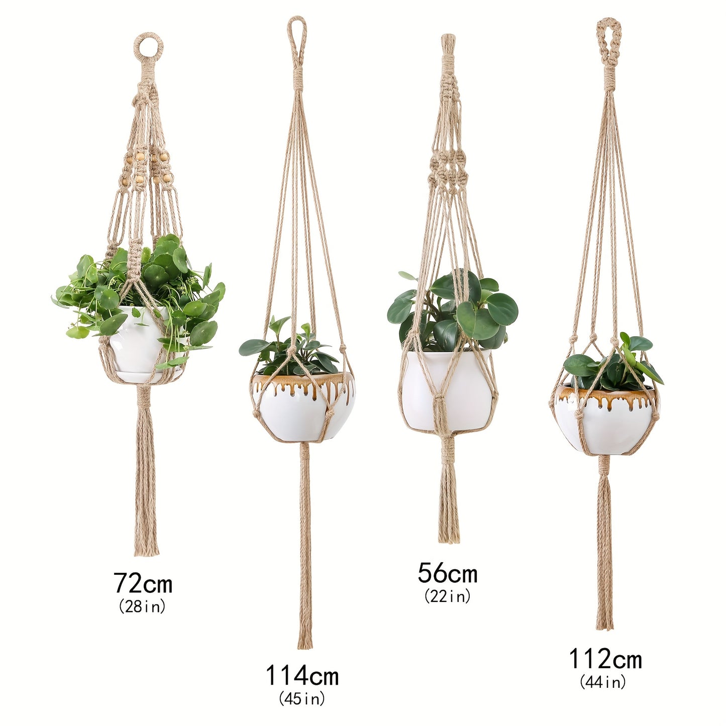 4 Stück Makramee-Pflanzenaufhänger – Handgefertigter Blumentopfhalter Aus Weißem Seil – Perfekt Für Die Gartendekoration Im Innen- Und Außenbereich