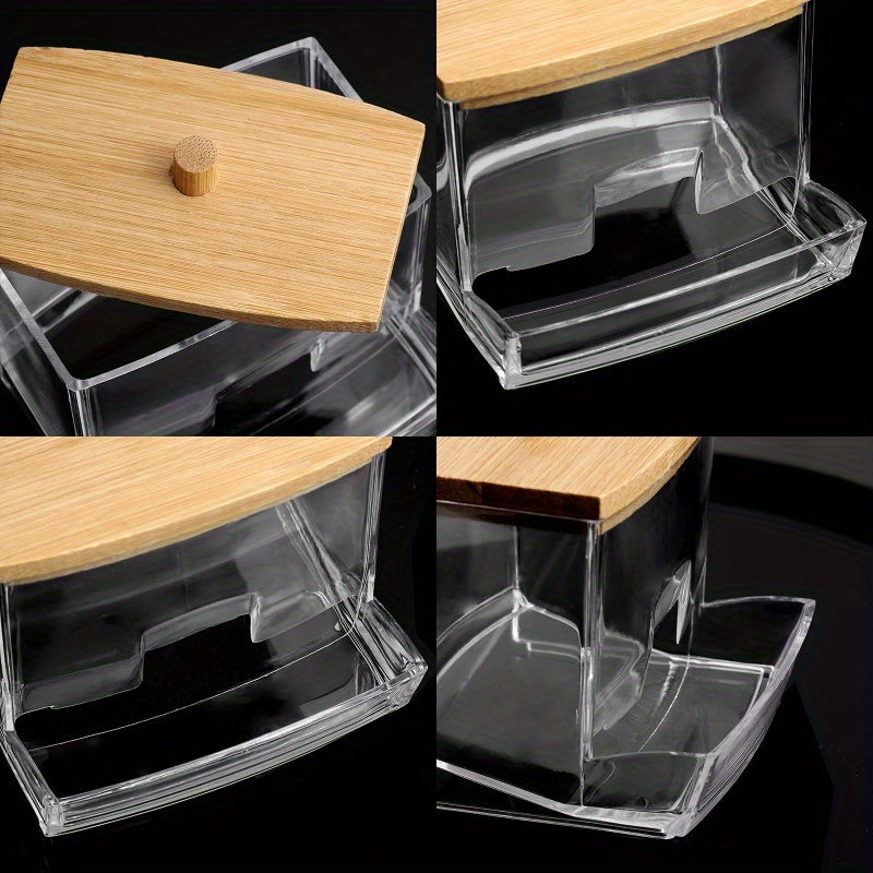 1pc Baumwollstäbchen-Pads-Halter, Tragbarer Transparenter Make-up-Baumwollpad-Kosmetikbehälter, Organisieren Und Aufbewahren Von Baumwollknospen Im Stil Mit Holzdeckeln, Perfekt Für Badezimmer Und Apothekergläser, Haushaltsbedarf, Wohnkultur, Tischdekora