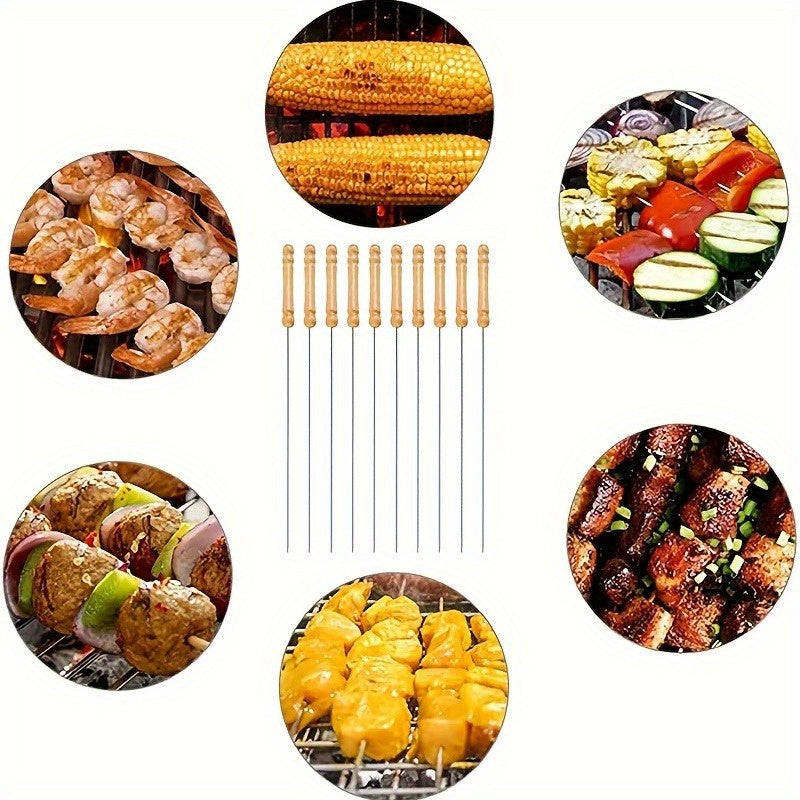 10 Stück, Grillspieße, Edelstahlspieße Für BBQ, Vielseitige Metall BBQ Spieße, Grillen Edelstahlspieße, Grillspieße Mit Holzgriff, BBQ Nadelstäbchen, Outdoor-Kochen, BBQ Zubehör
