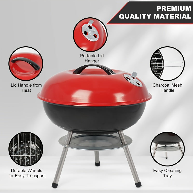 1 Stück, tragbarer Holzkohlegrill, pulverbeschichtet, lebensmittelecht, doppeltes Entlüftungssystem, tragbarer BBQ-Grill, Grillzubehör