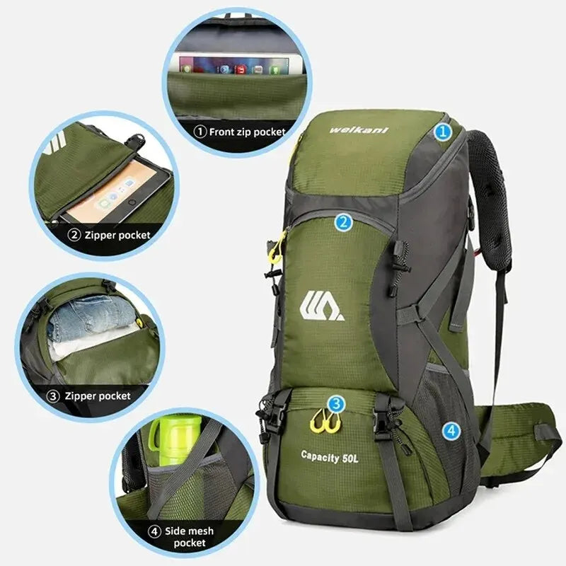 50L Reiserucksack Campingtasche für Männer Große Wandertasche Touristenrucksack Wasserdichte Outdoor-Sportklettern Bergsteigertasche