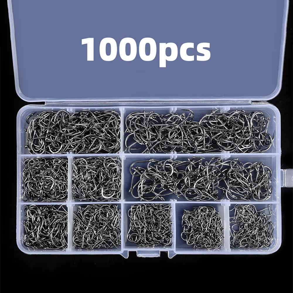 1000PCS Angelhaken Set High Carbon Steel Sharp Durable Barbed Fishhook Rock Fishing Equipment Gear Tackle Zubehör mit Box
