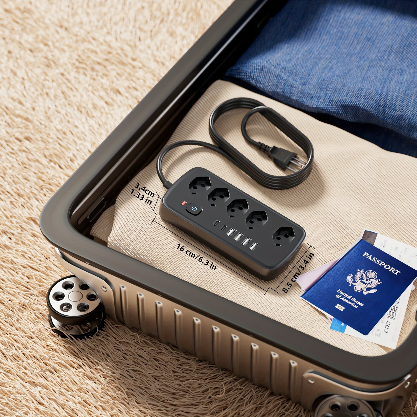 11-in-1 Steckdosenleiste mit Überlastungsschutz, 152,4 cm Verlängerungskabel, 4 USB-Anschlüsse, 2 Typ-C-Anschlüsse, Ein-/Ausschalter; ideal für Zuhause, Reisen, Büro, Studentenwohnheim. Schwarz