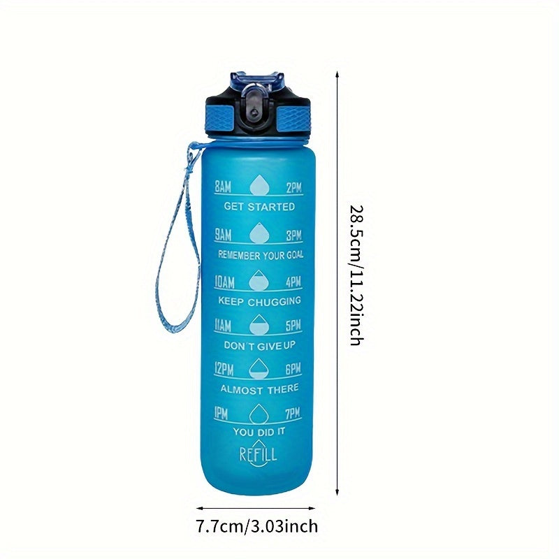 Eine 1000ml/33.81oz Wasserflasche mit Farbverlauf und Zeitmarkierung, auslaufsicherem Flip-Top-Trinkbecher mit Trinkhalm und Trageschlaufe, geeignet für Fitness, Yoga, Wandern und Sport