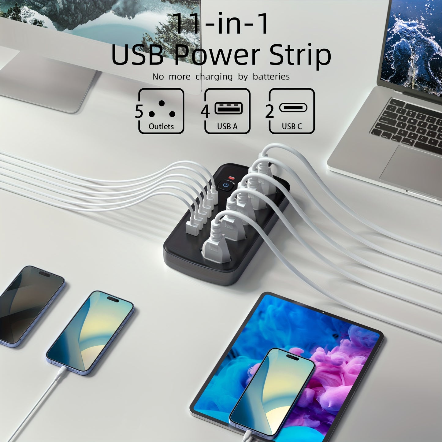 11-in-1 Steckdosenleiste mit Überlastungsschutz, 152,4 cm Verlängerungskabel, 4 USB-Anschlüsse, 2 Typ-C-Anschlüsse, Ein-/Ausschalter; ideal für Zuhause, Reisen, Büro, Studentenwohnheim. Schwarz