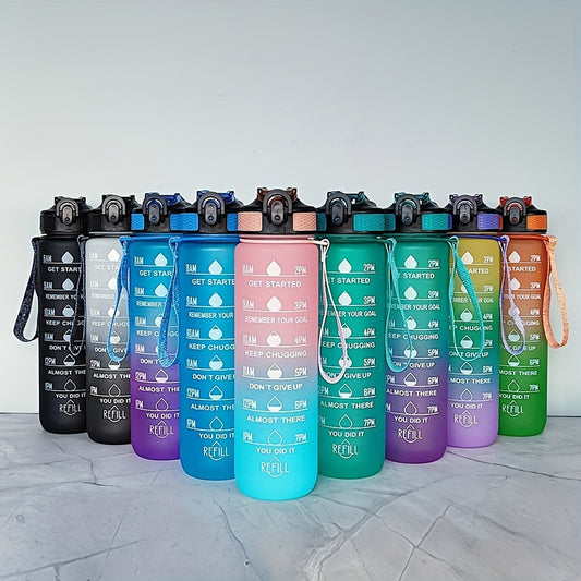 Eine 1000ml/33.81oz Wasserflasche mit Farbverlauf und Zeitmarkierung, auslaufsicherem Flip-Top-Trinkbecher mit Trinkhalm und Trageschlaufe, geeignet für Fitness, Yoga, Wandern und Sport
