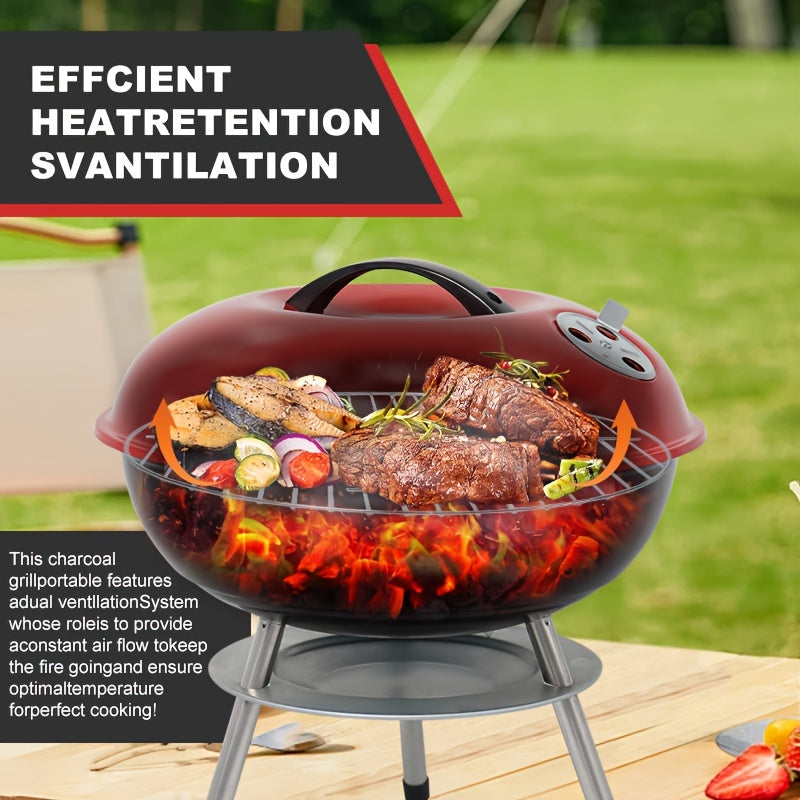 1 Stück, tragbarer Holzkohlegrill, pulverbeschichtet, lebensmittelecht, doppeltes Entlüftungssystem, tragbarer BBQ-Grill, Grillzubehör