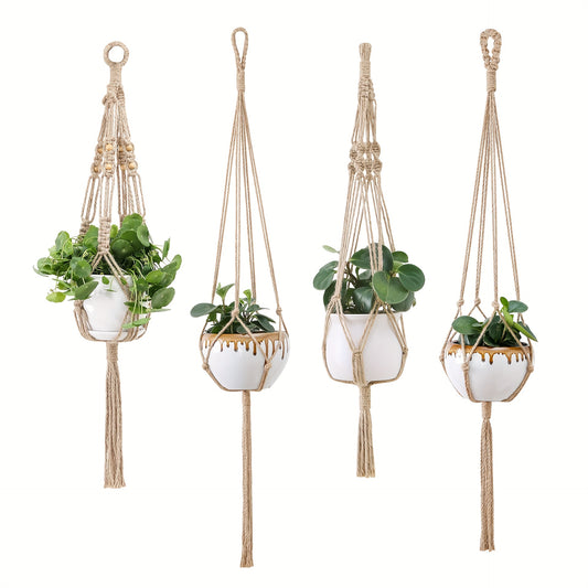 4 Stück Makramee-Pflanzenaufhänger – Handgefertigter Blumentopfhalter Aus Weißem Seil – Perfekt Für Die Gartendekoration Im Innen- Und Außenbereich