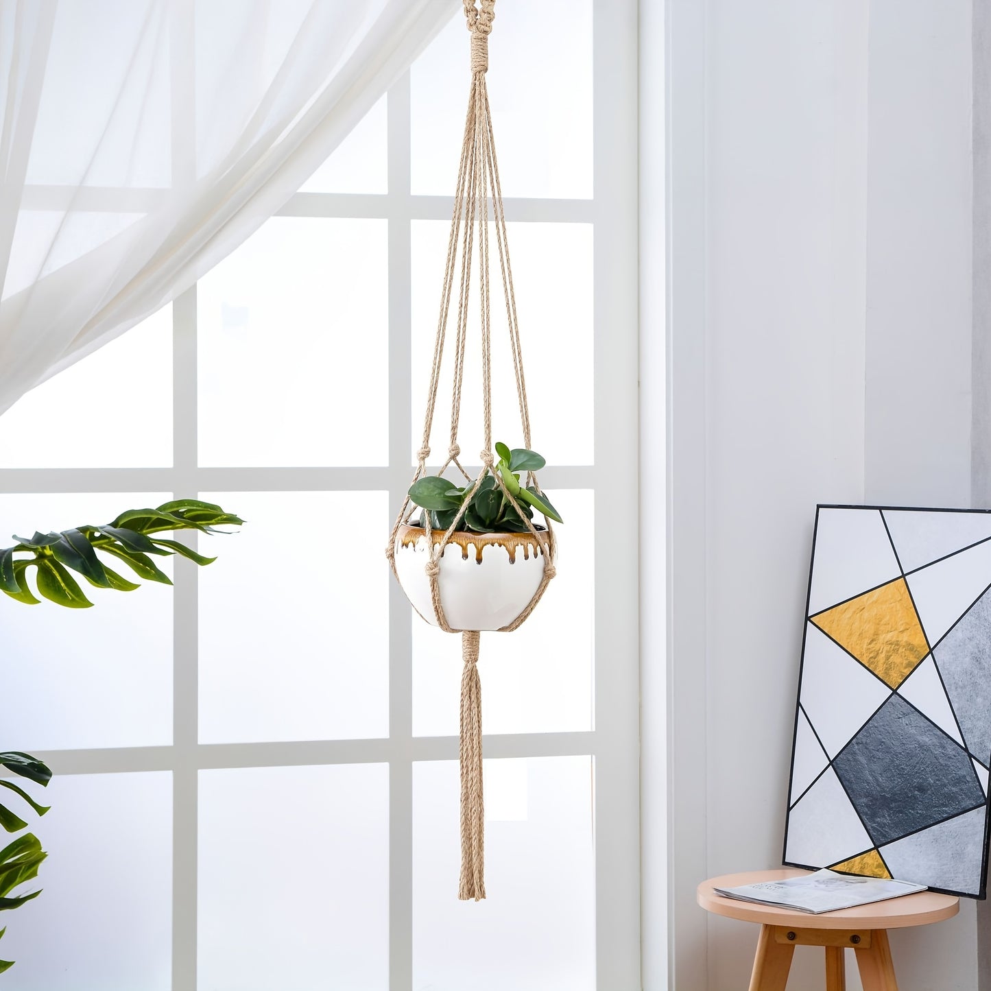 4 Stück Makramee-Pflanzenaufhänger – Handgefertigter Blumentopfhalter Aus Weißem Seil – Perfekt Für Die Gartendekoration Im Innen- Und Außenbereich
