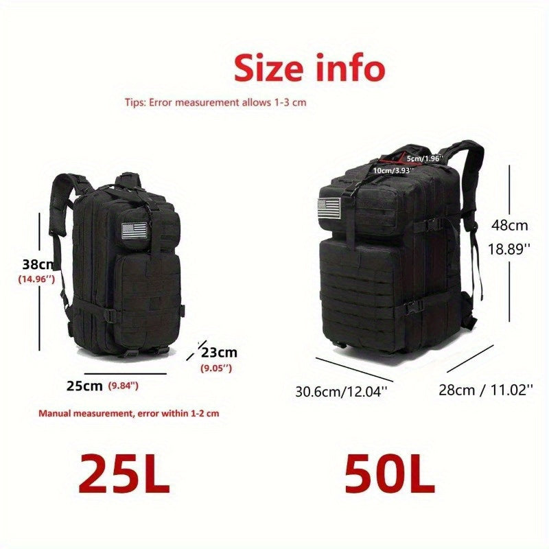 Robuster Aufbau | Taktischer 1000D Nylon Rucksack - 25L/50L Kapazität, Verstellbare Träger, Mehrere Fächer für Wandern, Camping, Trekking, Angeln & Jagd, Schwarz, Rucksack für mich