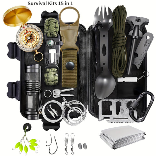 15in1 Überlebenssets, Geburtstagsgeschenk für Männer und Frauen, Abenteuerliebhaber, Überlebensausrüstung und -geräte, Campingzubehör, Coole Gadgets, Camping, Angeln, Jagen, Abenteuer. Ohne Batterie