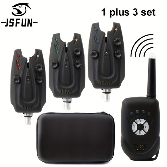 JSfun Angelbissalarm-Set, JS-B3 ABS Elektronischer Angelbissalarm Finder mit Tonalarmanzeige, Zubehör Launcher*3, Empfänger*1, Box*1