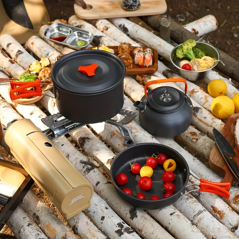 Tragbares 2-3 Personen Camping-Gasherde-Set für draußen, Topf, Picknick-Kochgeschirr, Antihaft-Topf, Teekanne-Kombination-Set, einschließlich Geschirr
