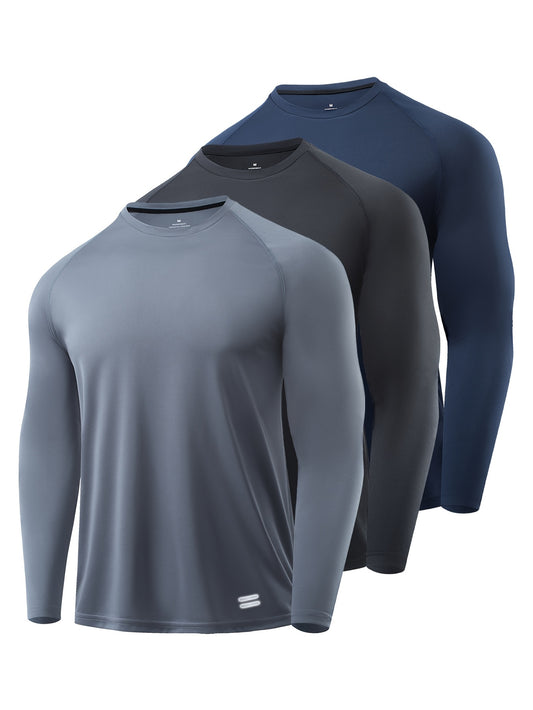 Set aus 3 Herren-Sportoberteilen, langärmlige lässige Rundhals-T-Shirts, geeignet für Outdoor-Fitnessaktivitäten. Hergestellt aus Polyester-Strickstoff - kühle, atmungsaktive und schnell trocknende, perfekt für tägliche Workouts, Laufen, Radfahren, Angel