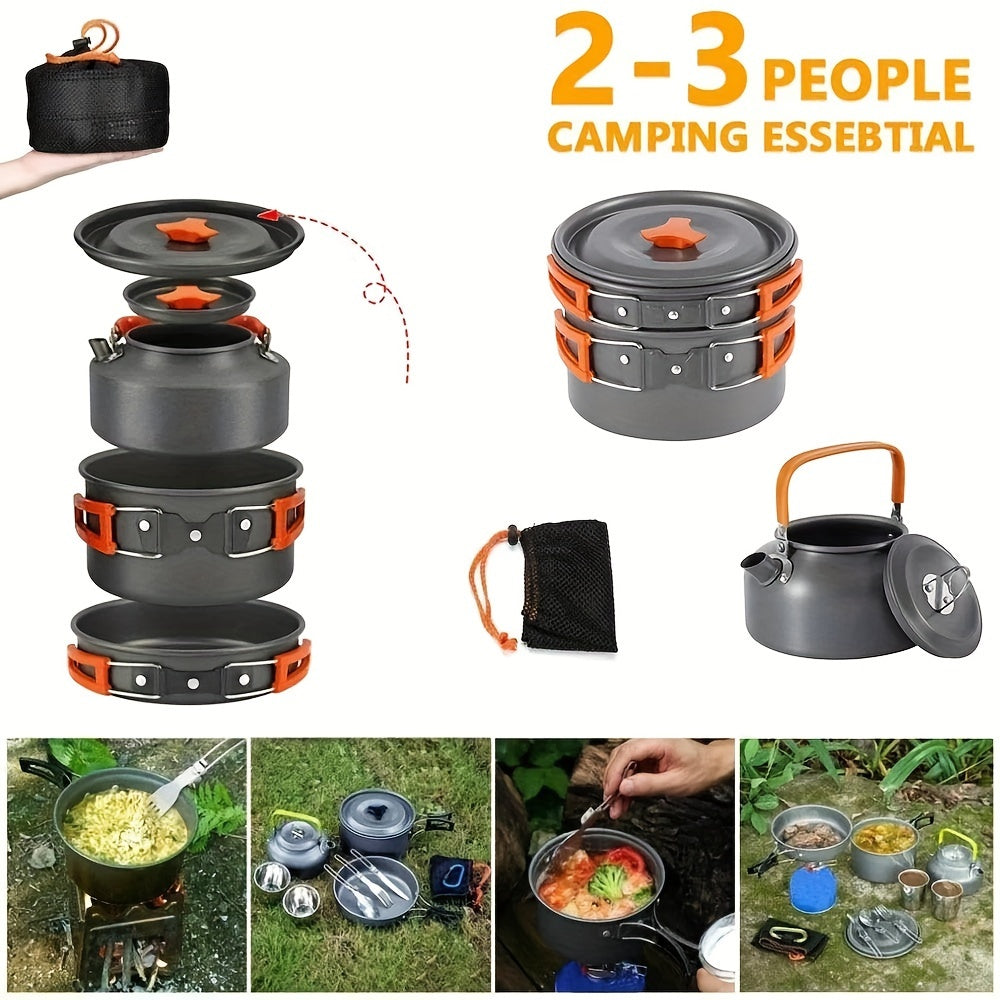 Tragbares 2-3 Personen Camping-Gasherde-Set für draußen, Topf, Picknick-Kochgeschirr, Antihaft-Topf, Teekanne-Kombination-Set, einschließlich Geschirr