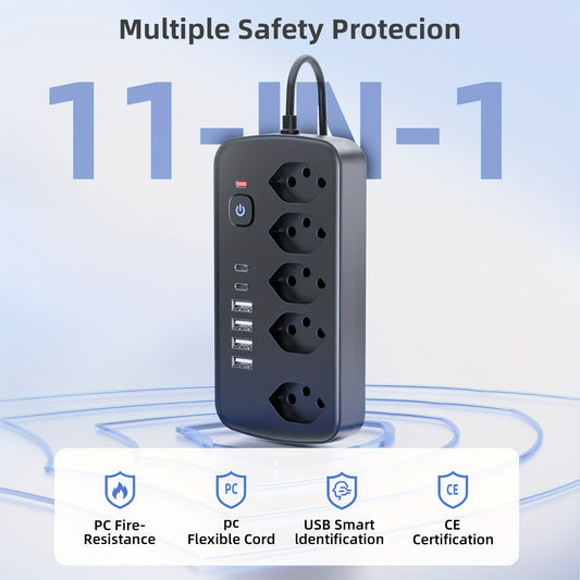 11-in-1 Steckdosenleiste mit Überlastungsschutz, 152,4 cm Verlängerungskabel, 4 USB-Anschlüsse, 2 Typ-C-Anschlüsse, Ein-/Ausschalter; ideal für Zuhause, Reisen, Büro, Studentenwohnheim. Schwarz