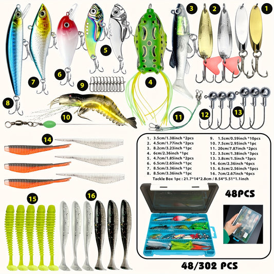 48/302 Teile/Satz Angelköder-Set Mit Harten Ködern, Schwimmködern Aus Kunststoff, Angelzubehör-Box, Bleistift-Minnow-Popper-Kurbelköder-Löffel, Spinner-Köder, Angelgeräte-Set Mit Jigkopfhaken