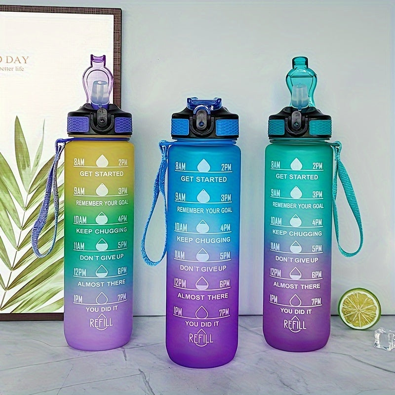 Eine 1000ml/33.81oz Wasserflasche mit Farbverlauf und Zeitmarkierung, auslaufsicherem Flip-Top-Trinkbecher mit Trinkhalm und Trageschlaufe, geeignet für Fitness, Yoga, Wandern und Sport