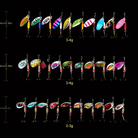 30-teiliges Spinner-Bait-Set, künstlicher Angelköder mit Drillinghaken, Angelzubehör für Süß- und Salzwasser