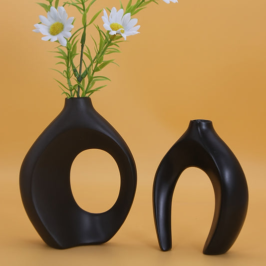 2-tlg. Vasen-Set aus Kunstharz im klassischen Stil, Blumenvasen im modernen Hug-Design in Schwarz und Weiß, Wohndekor-Akzente für Wohnzimmer, Eingangsbereich, Fernsehständer