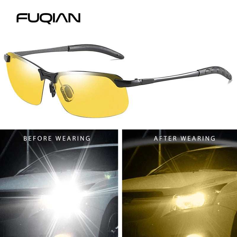 FUQIAN Photochrome Sonnenbrille Männer Frauen Vintage Metall Polarisierte Sonnenbrille Für Männliche Nachtsicht Fahren Sonnenbrille