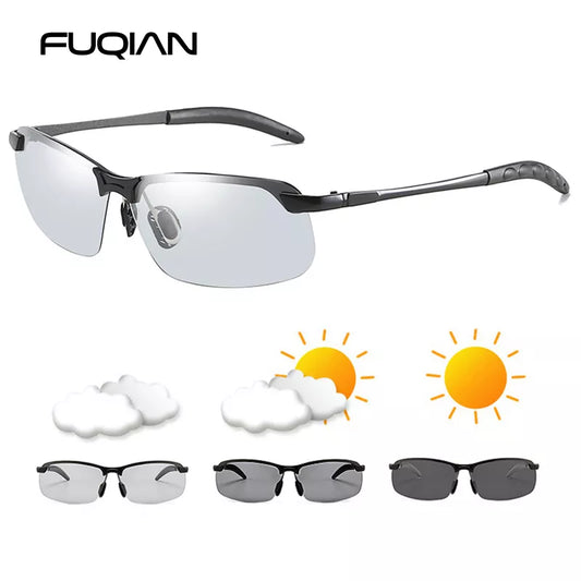 FUQIAN Photochrome Sonnenbrille Männer Frauen Vintage Metall Polarisierte Sonnenbrille Für Männliche Nachtsicht Fahren Sonnenbrille