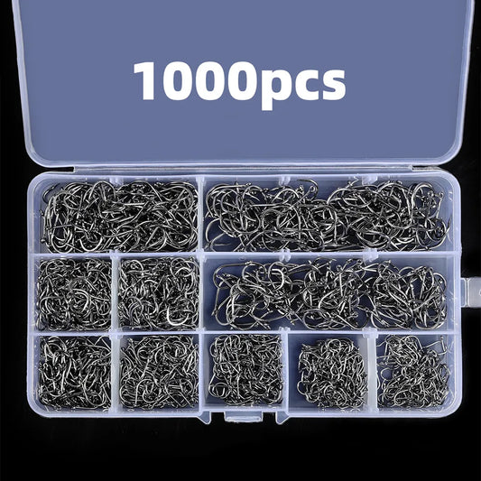 1000PCS Angelhaken Set High Carbon Steel Sharp Durable Barbed Fishhook Rock Fishing Equipment Gear Tackle Zubehör mit Box