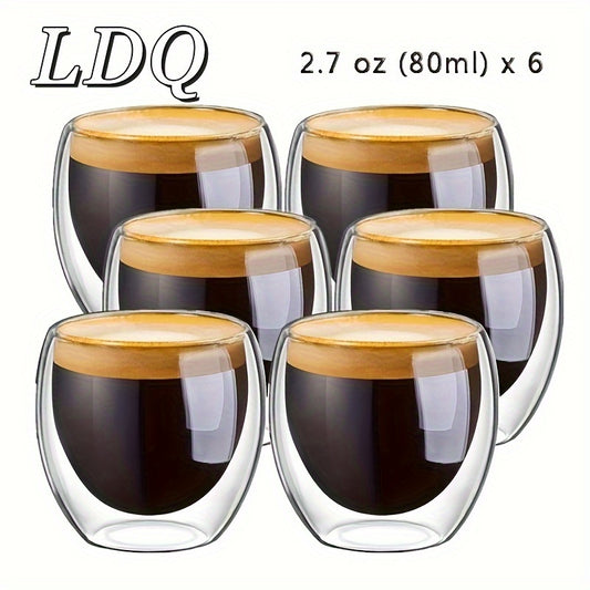 6-teiliges Espresso-Kaffeetassen-Set aus Glas, 70 ml, doppelwandig, isolierte Tassen, Trinkgläser für Tee, Kaffee, Latte, Café, Milch, transparent, für Restaurant Eid Al-Adha Mubarak
