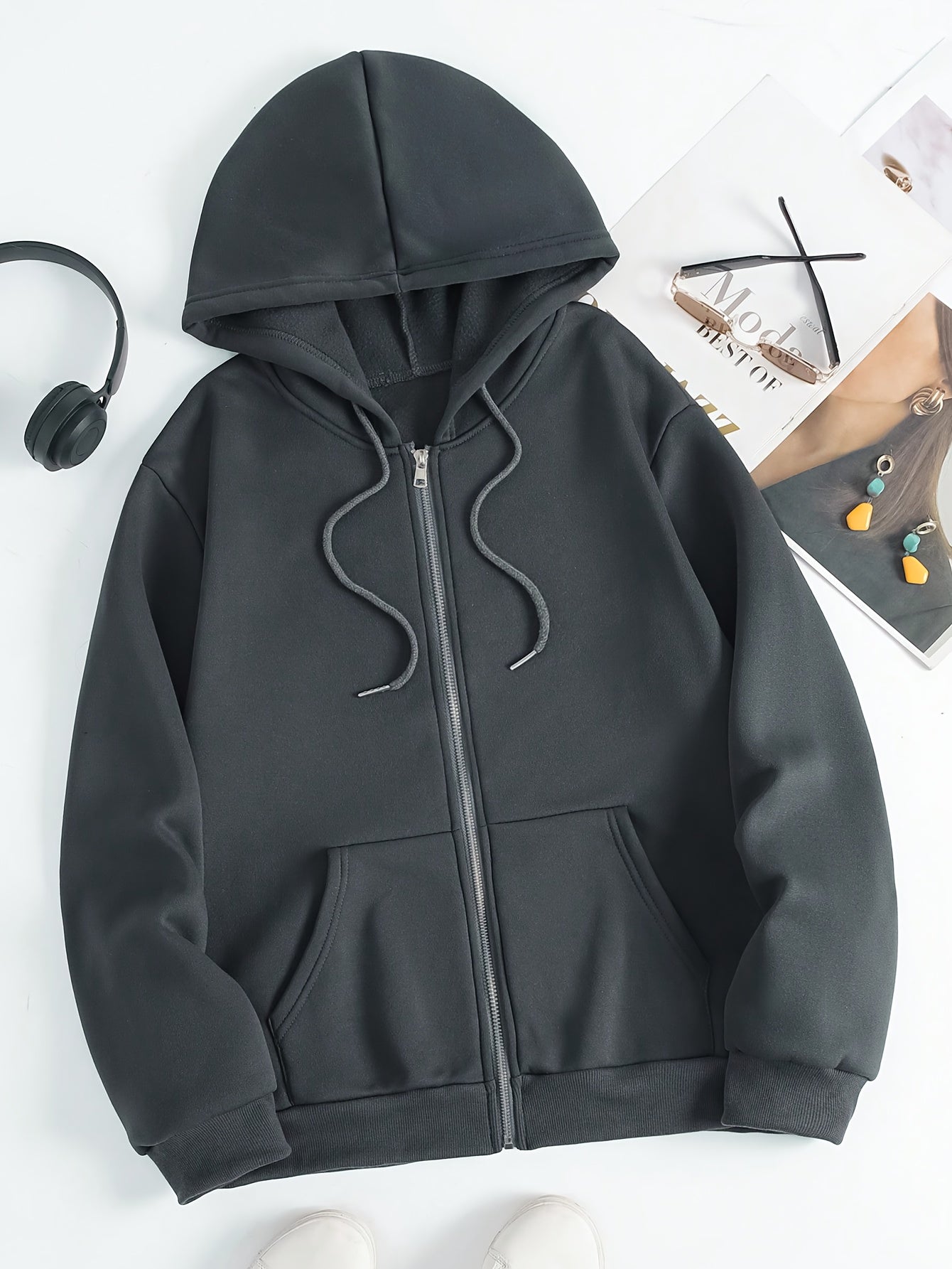 Kuscheliger Langarm-Hoodie mit Reißverschluss und Kängurutasche - Weiches, leicht elastisches Polyestergewebe, Lockerer Schnitt, Kapuze mit Kordelzug, Maschinenwaschbar - Perfekt für lässige Frühlings- und Herbstoutfits