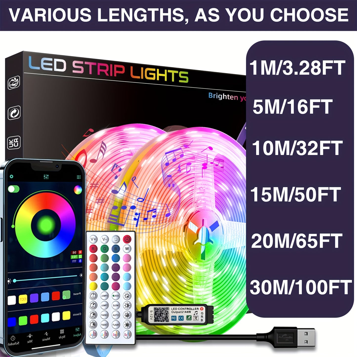 LED-Lichter für das Schlafzimmer, 16ft-100ft Smart APP gesteuerte Musik-Synchronisierung Farbwechsel Streifenlichter mit Fernbedienung und Timer, zur Raum- und Partydekoration für Zuhause und Hotel